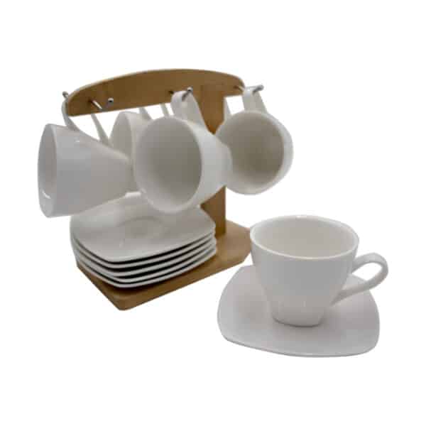 Cup & Saucer Set with Wooden Stand