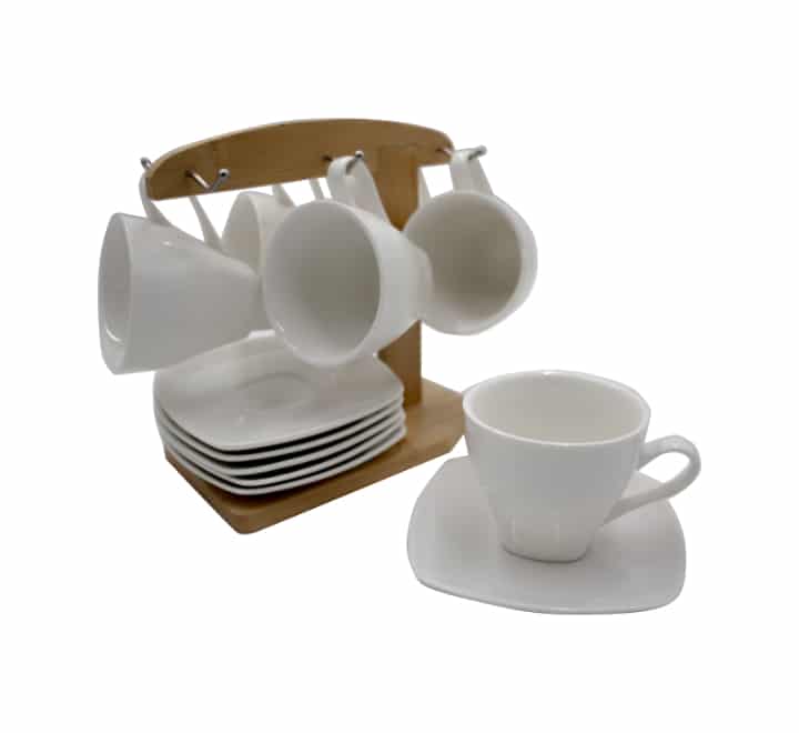 Cup & Saucer Set with Wooden Stand