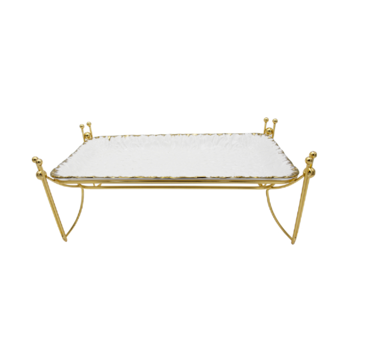 White Serving Platter on Gold Stand
