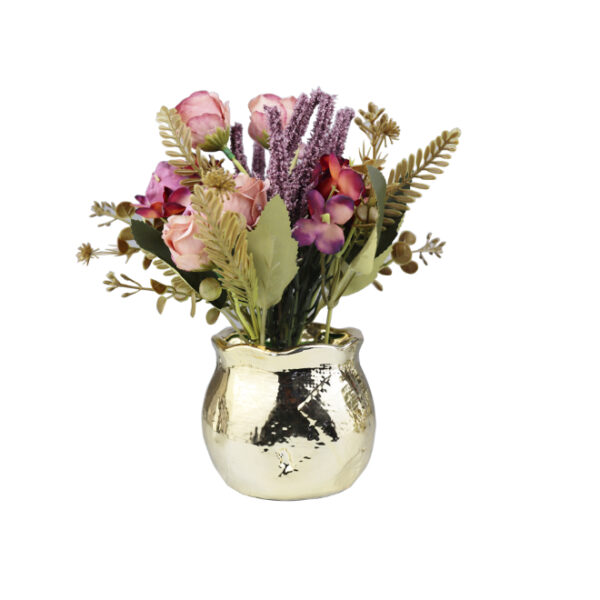 Artificial Lavender/Pink Flower Plant in Gold Pot