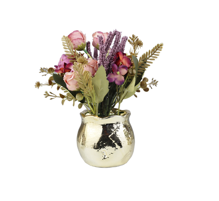 Artificial Lavender/Pink Flower Plant in Gold Pot