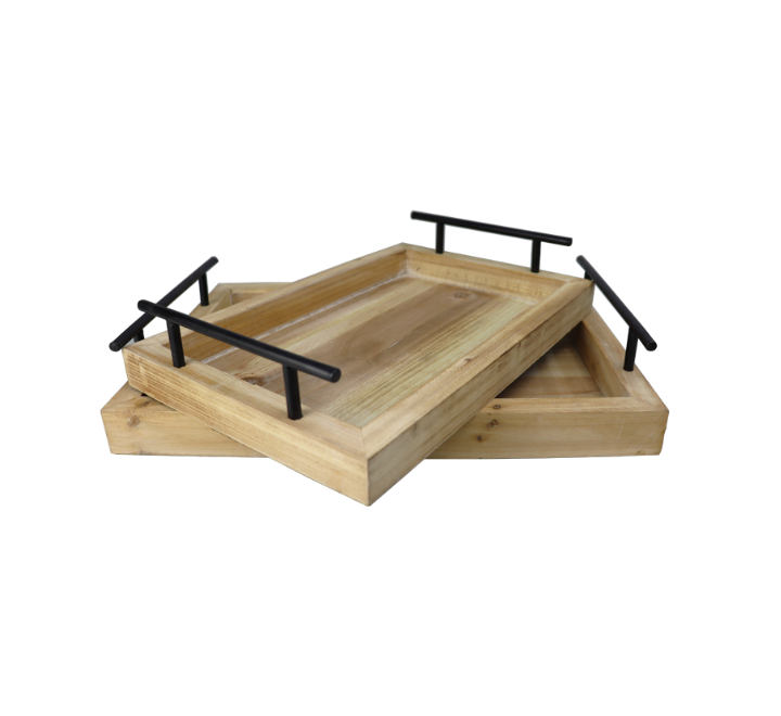 2pc Wooden Serving Tray Black Handles