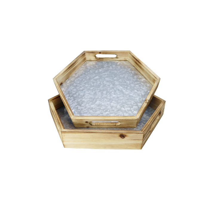 2pc Hexagon Shaped Wooden Serving Tray