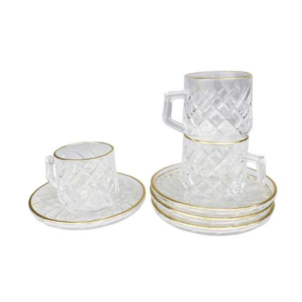 12pc Clear Cup & Saucer Set Gold Rim