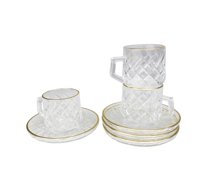 12pc Clear Cup & Saucer Set Gold Rim