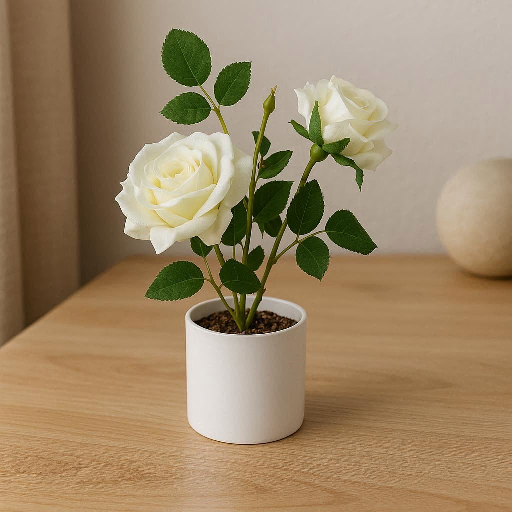 Artificial White Rose Potted Plant