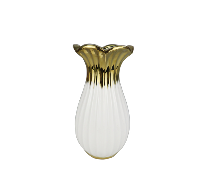 White Ceramic Flute Vase with Gold Edge
