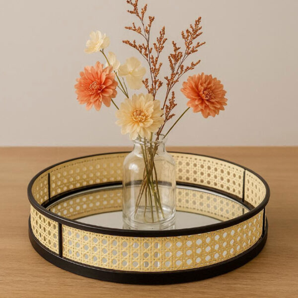 Rattan Mirrored Round Tray
