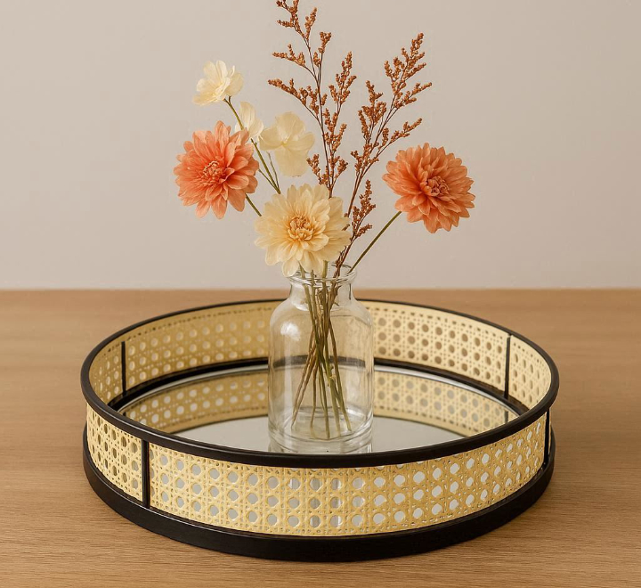 Rattan Mirrored Round Tray