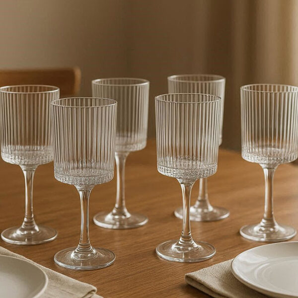 6pc Clear Wine Glass Ribbed Design