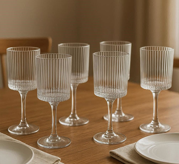 6pc Clear Wine Glass Ribbed Design
