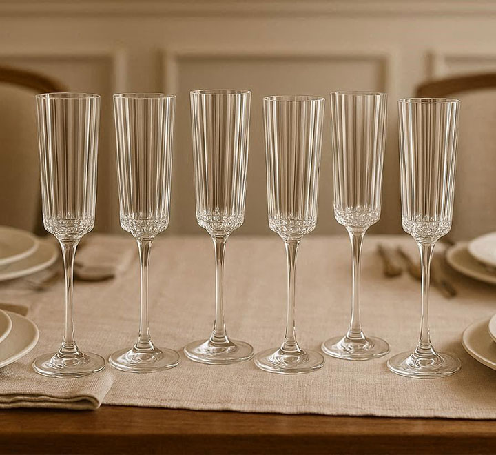 Clear Champagne Glass Ribbed Design 6pc