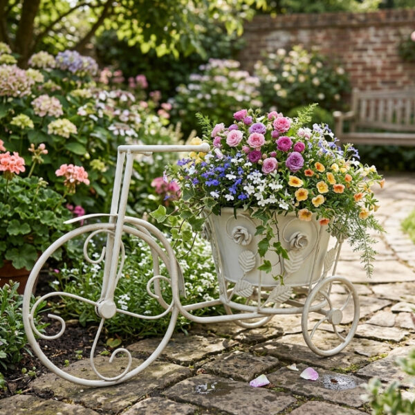 White Metal Bicycle Flower Pot